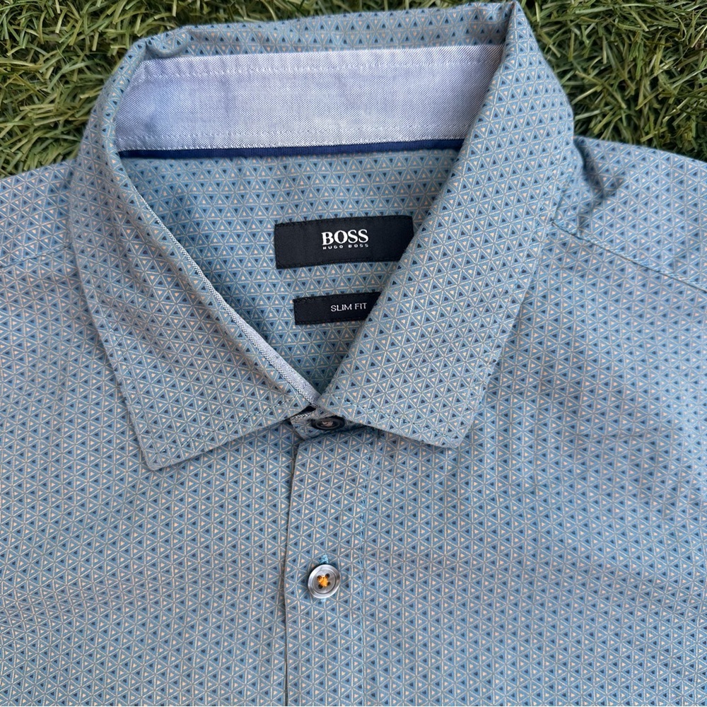 Hugo Boss Mens Nemos 2 Slim Fit Dress Shirt Geometric Print Button Up Collared L